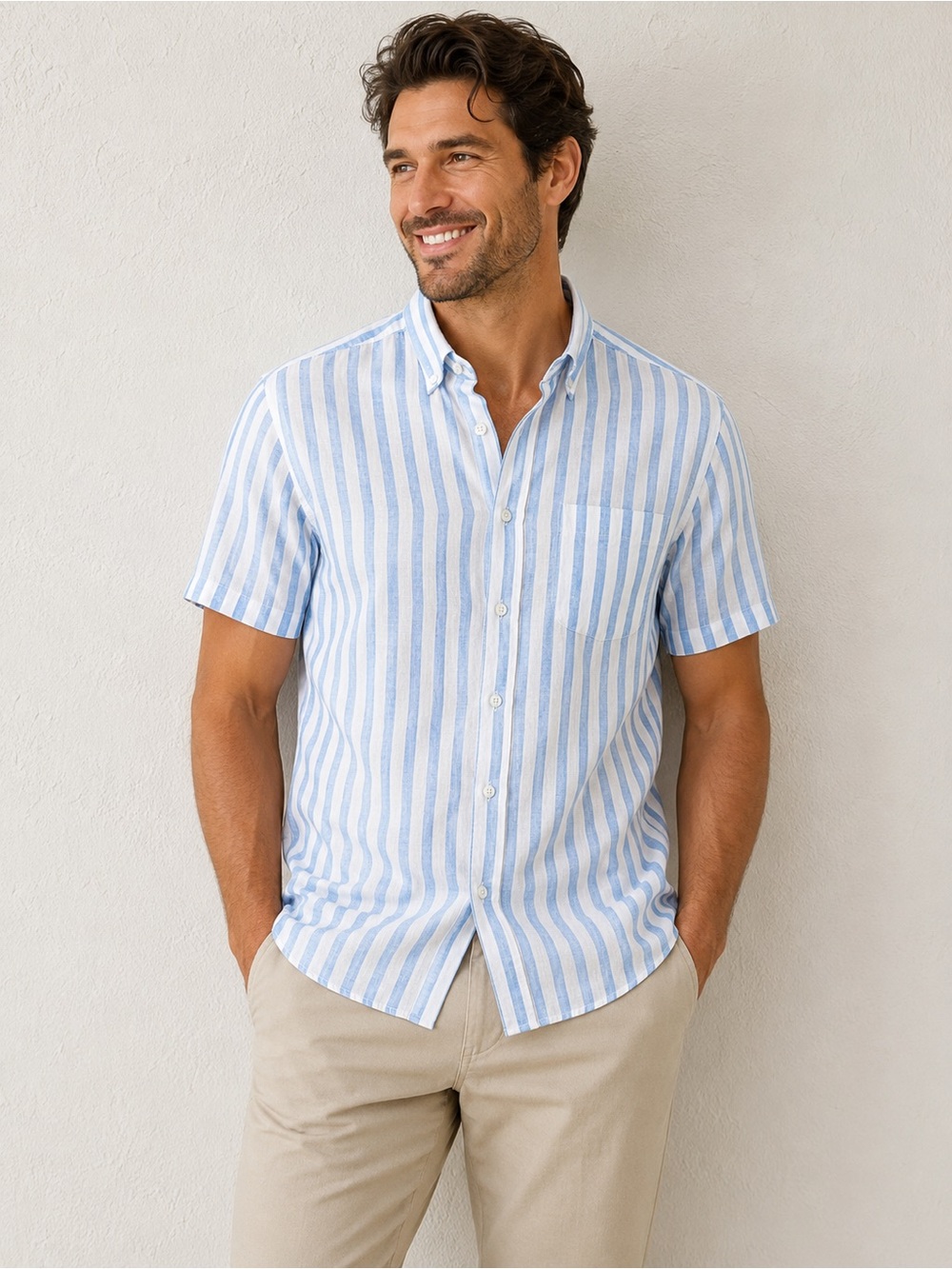 Porter & Ash 100% linen Casual Striped Short-Sleeve Button-Down Shirt L